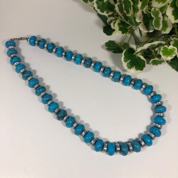 Faux Turquoise Beaded Necklace Chunky Blue Statement Silver Tone Spacer Jewelry - Picture 2 of 4